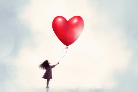 little girl holding red shaped balloon in the skyの素材