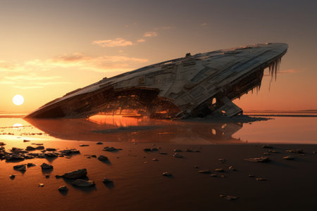 broken alien ship in waterの素材