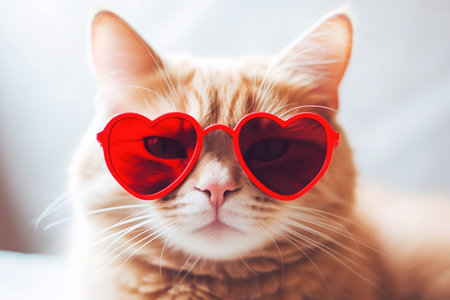 portrait of a cat wearing heart shaped red sunglasses for Valentines dayの素材