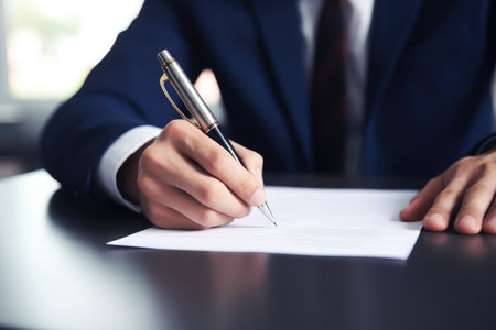 man in a suit signing documents close upの素材