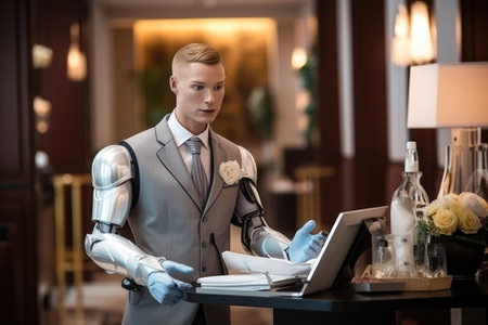 robot working in a hotel as a receptionistの素材
