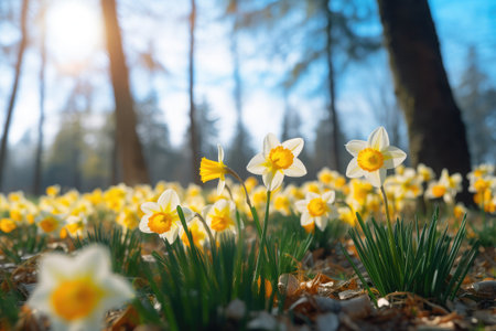 field on daffodils outside in springの素材
