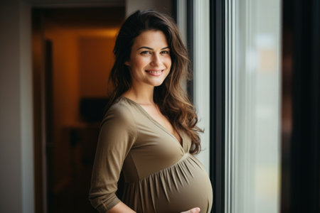portrait of a pregnant female smiling standing next to a windowの素材