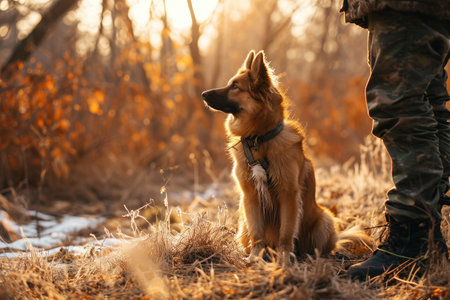 dog sitting outside next to a man on a huntの素材