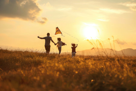 family running in a field with a kiteの素材