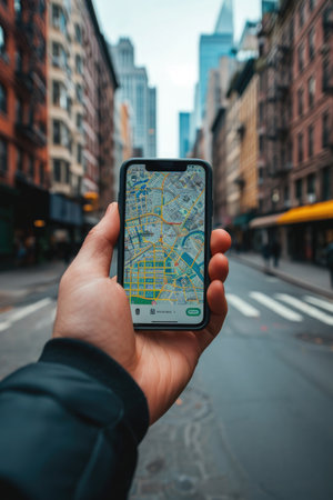 man's hand holding phone with a travel map on phone with city backgroundの素材