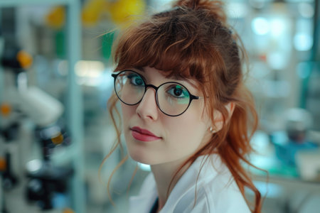 portrait of a clever pretty scientist wearing glasses in a labの素材