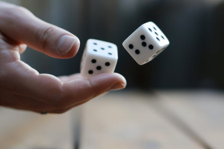 two dice are flying out of a man's handの素材