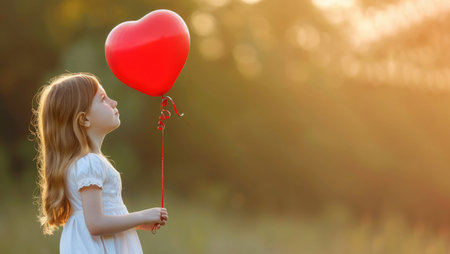 little girl holding red heart shaped balloon outside, banner with copy spaceの素材