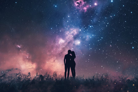 a couple cuddling on beautiful space sky backgroundの素材