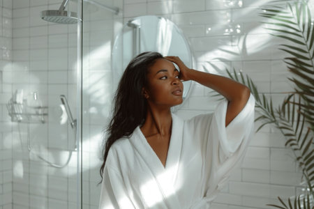 female with long hair wearing white dressing gown in bathroomの素材