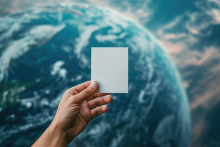 hand holding empty white paper with copy space on planet Earth backgroundの素材