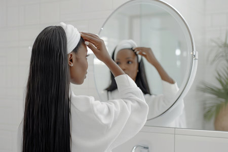 female with long hair wearing white dressing gown looking in bathroom mirrorの素材