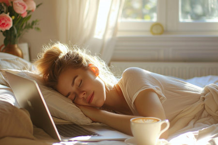 female sleeping next to laptop with a cup of coffee next to her, with sunlight from window in the morningの素材