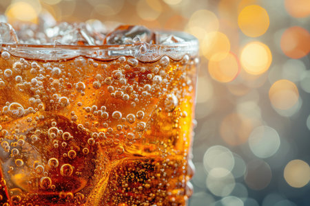 close up of a fizzy drink in a glass with ice and bubbles and bokeh on backgroundの素材