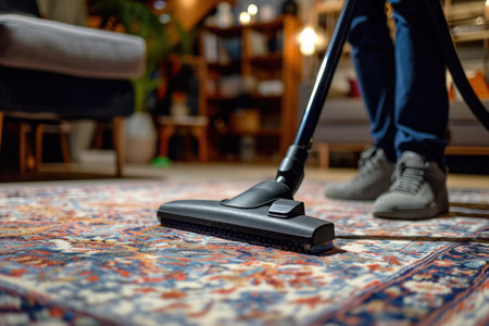 man hoovering rug in a roomの素材