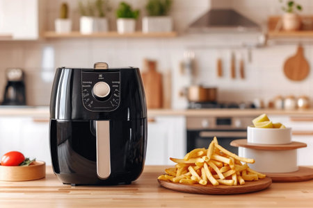 black air fryer machine with fries standing next to it on a wooden table in a kitchenの素材