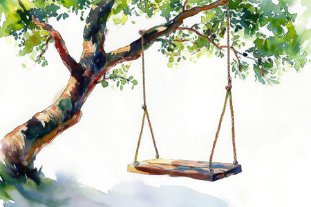 watercolor of tree with swings hanging from a sturdy branchの素材