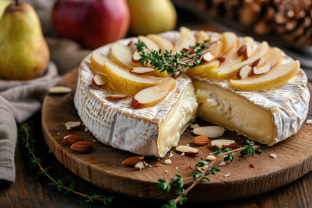 cheese camembert with apples, pears and almondsの素材