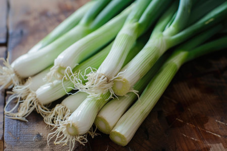 leek close up on a kitchen tableの素材