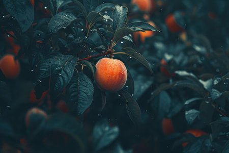 fresh peach growing on a tree, dark backgroundの素材