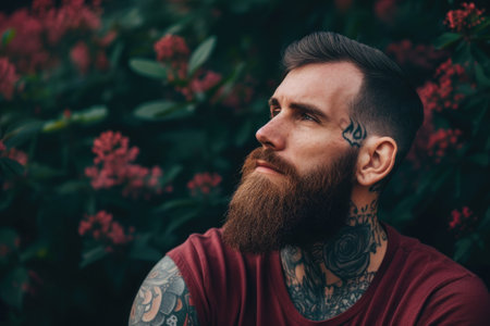 portrait of a man with tattoos outsideの素材