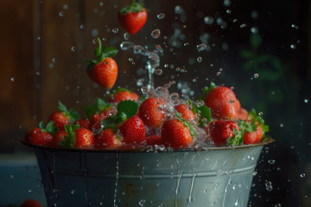 red strawberries falling into a bucket with water, with splashesの素材