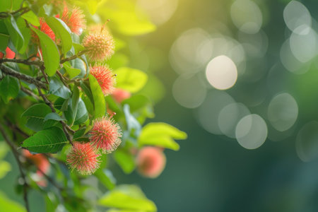 rambutan fruit growing on a tree, with copy spaceの素材