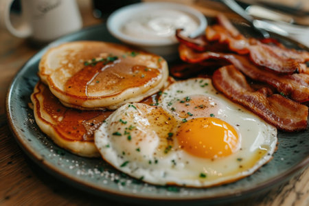 eggs, bacon and pancakes on a plate for breakfastの素材