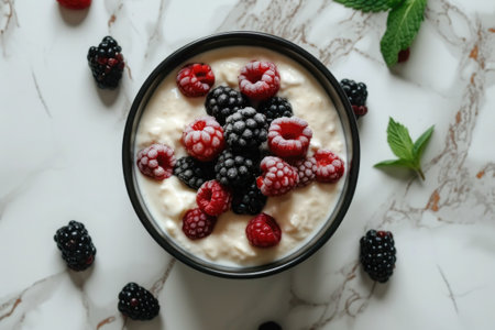 top view of a bowl of yogurt with raspberries and blackberries, top viewの素材
