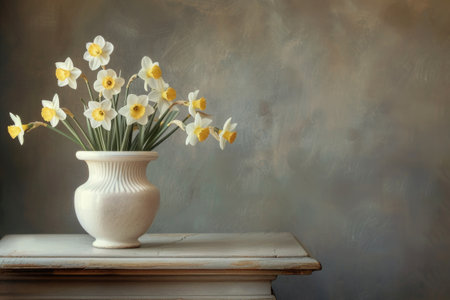 daffodils spring flowers in a vase on a table with copy spaceの素材