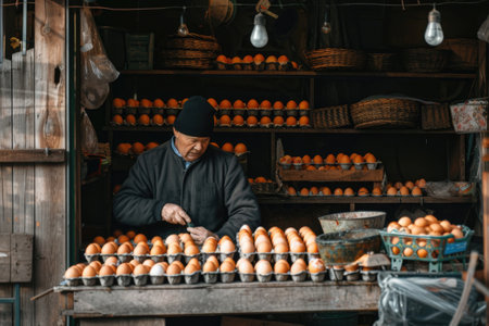 man selling eggs on a marketの素材