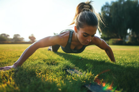 female doing plank outside exercisingの素材