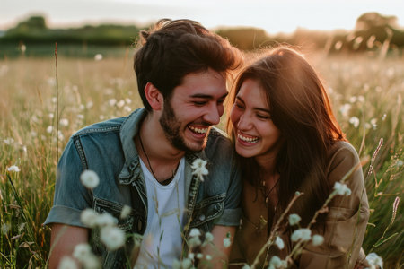 couple sitting on a grass in summer laughingの素材
