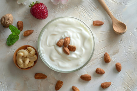 top view of a natural yogurt with berries and nuts in a bowlの素材
