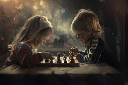 kids boy and girl playing chessの素材