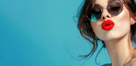female wearing sunglasses and red lipstick blowing a kissの素材