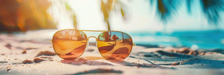 sunglasses on a sandy beach bannerの素材