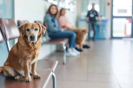 dog sitting on a chair waiting in a vet clinicの素材