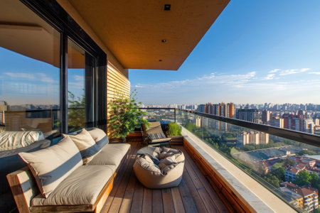 balcony on a top floor with a city viewの素材