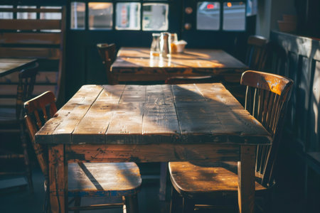 empty wooden table in a restaurant, with copy spaceの素材