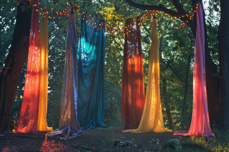 colourful fabric hanging from trees for summer festivalの素材