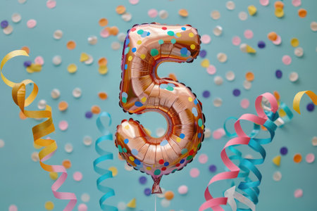 balloon in a shape of number five on blue background for birthday celebrationの素材
