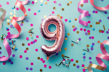 balloon in a shape of number nine on blue background for birthday celebrationの素材