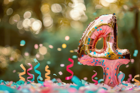 balloon in a shape of number four on nature background for birthday celebrationの素材