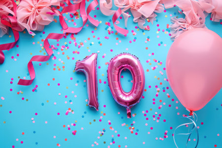 balloon in a shape of number ten on blue background for birthday celebrationの素材