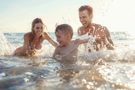 happy family mum, dad and child swimming in a sea playingの素材