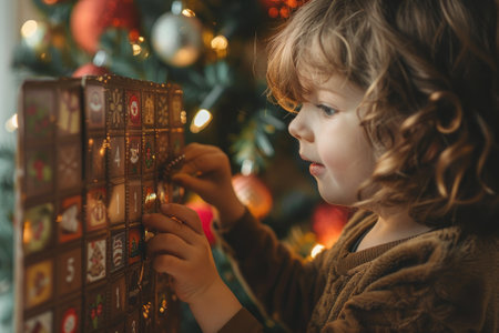 Child opening an advent calendar by a decorated Christmas treeの素材