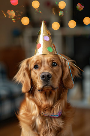 golden retriever wearing a golden party hat with colorful polka dots, with bokeh lights in the backgroundの素材