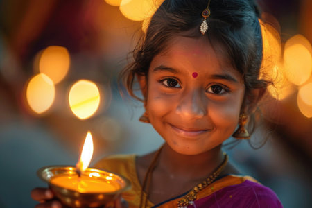 smiling girl holding a lit candle, with glowing bokeh lights in the backgroundの素材
